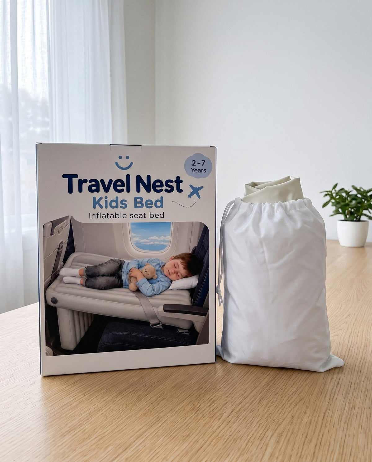 Travel Nest Kids Bed packaging concept, inflatable seat bed for ages 2–7