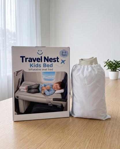 Travel Nest Kids Bed packaging concept, inflatable seat bed for ages 2–7