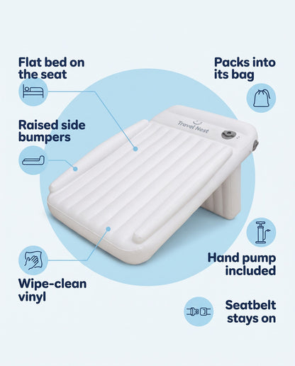 Travel Nest features: flat sleeping surface, raised side bumpers, wipe-clean vinyl, hand pump included
