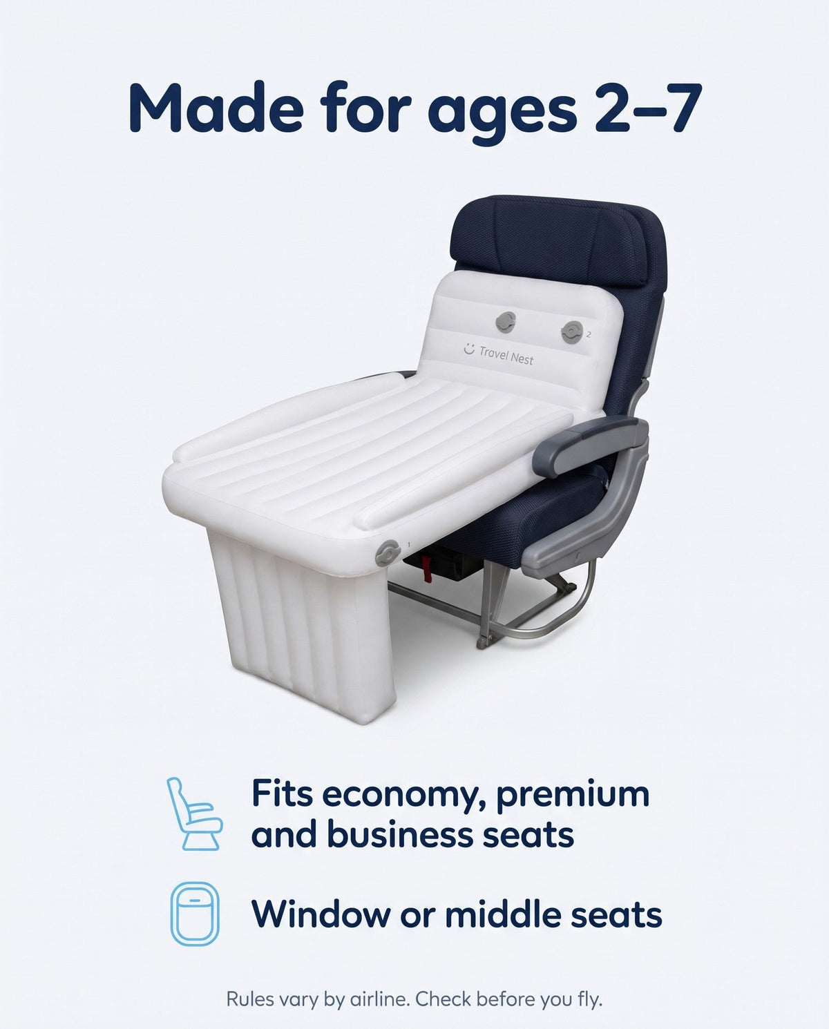 Travel Nest on an airplane seat, its support block filling the footwell gap to make a flat bed