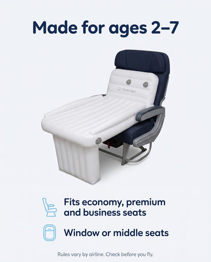 Travel Nest on an airplane seat, its support block filling the footwell gap to make a flat bed